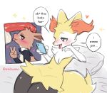  &lt;3 akibun ambiguous_gender anthro big_penis blep braixen canid cellphone cinderace clothed clothing dialogue duo eevee fur generation_1_pokemon generation_6_pokemon generation_8_pokemon genitals gesture humanoid_genitalia humanoid_penis inner_ear_fluff lagomorph looking_at_object looking_at_phone male male/male mammal nintendo nude partially_clothed penis penis_on_head phone pokemon pokemon_(species) shirt_collar smartphone tongue tongue_out tuft v_sign yellow_body yellow_fur 