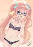  1girl blue_archive blue_eyes bra breasts fingernails glasses hair_between_eyes hair_ornament halo highres looking_at_viewer milkmochi navel open_mouth orange_background orange_hair shimiko_(blue_archive) signature simple_background small_breasts solo twintails underwear 