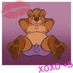  anthro armpit_hair bear belly bembosdoggo bodily_fluids body_hair briefs brown_body brown_fur brown_pawpads bulge clothed clothing feet fluffy foot_fetish fur genital_fluids hi_res looking_at_viewer looking_pleasured lying male mammal nipples overweight overweight_male pawpads paws simple_background slightly_chubby solo toe_curl tongue underwear 