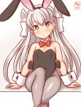  1girl alternate_costume amatsukaze_(kancolle) animal_ears artist_logo bare_shoulders black_leotard bow bowtie brown_eyes covered_navel detached_collar fake_animal_ears grey_hair grey_pantyhose hair_tubes kanon_(kurogane_knights) kantai_collection leotard long_hair looking_at_viewer pantyhose playboy_bunny rabbit_ears sitting solo strapless strapless_leotard traditional_bowtie two_side_up wrist_cuffs 