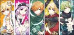  1girl 4boys belt billy_the_kid_(fate) black_belt black_scarf blonde_hair brown_jacket camouflage camouflage_pants chain chest_tattoo child_gilgamesh_(fate) cloak closed_mouth collarbone cowboy_hat david_(fate) euryale_(fate) fate/grand_order fate_(series) gilgamesh_(fate) green_cloak green_eyes hair_over_one_eye hairband hat holding holding_wand jacket licking_lips light_purple_hair lolita_hairband multiple_boys open_clothes open_shirt orange_hair pants red_eyes red_scarf robin_hood_(fate) scarf shirt short_hair smile ss_ii_kk tattoo tongue tongue_out twintails wand white_hairband white_shirt 