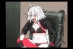  1girl ahoge bikini black_bikini black_border black_gloves black_jacket border breasts cleavage commentary_request fate/grand_order fate_(series) feet_out_of_frame figure_four_sitting gedougawa gloves hair_between_eyes jacket jeanne_d&#039;arc_alter_(fate) jeanne_d&#039;arc_alter_(swimsuit_berserker)_(fate) long_bangs long_hair manatsu_no_yo_no_inmu medium_breasts o-ring o-ring_bikini o-ring_bottom o-ring_top open_mouth parody red_thighhighs shrug_(clothing) single_thighhigh sitting slit_pupils solo swimsuit thighhighs v-shaped_eyebrows very_long_hair white_hair yellow_eyes 