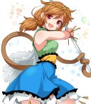  1girl bare_shoulders bracelet brown_hair circlet cowboy_shot detached_sleeves dress highres huyusilver jewelry looking_at_viewer low_twintails monkey_tail multicolored_clothes multicolored_dress red_eyes single-shoulder_dress single_detached_sleeve smile solo son_biten tail touhou twintails unfinished_dream_of_all_living_ghost 