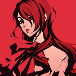  1girl bow bowtie closed_mouth hair_between_eyes hair_over_one_eye kirijou_mitsuru lips long_hair looking_at_viewer moshimoshibe persona persona_3 red_background red_bow red_bowtie red_eyes red_hair red_lips red_theme shirt simple_background solo upper_body 