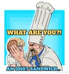  2boys blonde_hair braid braided_beard bread bread_bun bread_slice chef chef_hat curly_eyebrows english_text facial_hair food frown hat highres holding holding_food idiot_sandwich_(meme) large_hands male_focus mcbuckwheat meme multiple_boys mustache one_piece red_shoes_zeff sanji_(one_piece) sanpaku short_hair shouting sideways_glance subtitled 