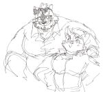  anthro blush bust_portrait canid canine canis dog_operator domestic_dog duo exe_exem eyebrows grin heart_sunglasses lifewonders live_a_hero male male/male mammal musclegut muscular_arms portrait procyonid protagonist_(live_a_hero) raccoon size_difference sketch smile thick_eyebrows viscunam 
