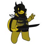  1:1 2021 antennae_(anatomy) anthro apollysabyss arthropod beatrix_(apollysabyss) bee biped black_antennae black_body black_clothing black_fur black_hair black_sclera black_tail clothing fangs female fur hair holding_object holding_sword holding_weapon hymenopteran insect melee_weapon neck_tuft signature solo sword tail teeth trans_(lore) trans_woman_(lore) tuft watermark weapon yellow_body yellow_clothing yellow_eyes yellow_fur yellow_tail 
