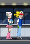  1boy 1girl antyep ash_ketchum black_eyes black_hair blue_eyes blue_hair blue_jacket blush dawn_(pokemon) gloves hat jacket long_hair looking_back mall pikachu pink_skirt piplup pokemon pokemon_(anime) pokemon_(classic_anime) pokemon_(creature) pokemon_dppt_(anime) scarf skirt smile 