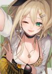  1girl absurdres arm_under_breasts black_choker blonde_hair bracelet breasts character_name choker cleavage clothes_around_waist eyewear_hang eyewear_removed fang goddess_of_victory:_nikke green_eyes hair_intakes highres jacket jacket_around_waist jewelry large_breasts long_hair long_sleeves looking_at_viewer nitrochang one_eye_closed rupee_(nikke) shirt skirt smile solo yellow_skirt 