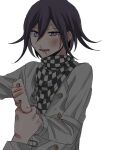  1boy black_hair blood blush bruise bruise_on_face buttons checkered_clothes checkered_scarf danganronpa_(series) danganronpa_v3:_killing_harmony flipped_hair grey_jacket highres holding_another&#039;s_wrist injury jacket kasou_(roomno404_) long_sleeves male_focus medium_hair nosebleed oma_kokichi open_mouth pink_eyes scarf solo_focus sweat upper_body white_background 