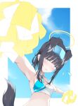  1girl animal_ears armpits bare_shoulders black_hair blue_archive blue_eyes blush breasts character_name cheerleader cleavage crop_top day detached_collar embarrassed eyewear_on_head from_below frown halo hibiki_(blue_archive) hibiki_(cheerleader)_(blue_archive) highres holding holding_pom_poms koko_sokodoko long_hair looking_at_viewer looking_down midriff nervous outdoors outstretched_arms parted_lips pom_pom_(cheerleading) ponytail shirt sleeveless sleeveless_shirt small_breasts solo sunglasses tail upper_body 