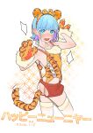  1boy 2022 anal_tail animal_ears animal_hands animal_print aqua_eyes ass ass_cutout blue_hair blush clothing_cutout fake_tail fang from_behind hands_up highleg highres leotard looking_at_viewer looking_back male_focus mubo open_mouth original otoko_no_ko red_shorts shirt short_shorts shorts tail tiger_ears tiger_print tiger_tail translation_request white_background yellow_shirt 