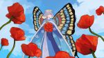  1boy animal_print blue_cape blue_sky butterfly_print cape cloud crown dandepom fairy fate/grand_order fate_(series) flower grey_hair highres holding holding_flower looking_to_the_side oberon_(fate) poppy_(flower) sky 