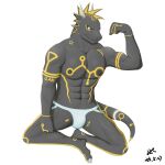  2023 abs anthro bulge clothing dinosaur fist gak_(hardtdinosaur) grey_body hardtdinosaur hi_res horn looking_at_viewer male mouth_closed muscular reptile scalie signature simple_background solo solo_focus tail underwear white_clothing white_underwear yellow_eyes 