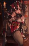  1girl black_footwear boots breasts brown_hair brown_pantyhose candle earrings fang highres horns indoors jewelry long_hair looking_at_viewer medium_breasts oni oni_horns open_mouth original pantyhose red_eyes red_horns sitting smile solo thigh_strap twintails zerocat 