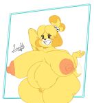  5_fingers animal_crossing anthro areola armpit_hair artist_name belly big_areola big_belly big_breasts big_nipples black_eyes black_nose blonde_armpit_hair blonde_eyebrows blonde_hair blonde_pubes blush blush_stickers body_hair breasts breasts_apart canid canine canis countershading domestic_dog eyebrow_through_hair eyebrows female fingers fur glistening glistening_nose grin hair hand_behind_head huge_areola huge_breasts huge_nipples humanoid_hands isabelle_(animal_crossing) mammal multicolored_body multicolored_fur navel nintendo nipples nude olozva orange_ears orange_hair pink_areola pink_nipples pregnant pubes pupils rosy_cheeks sagging_breasts shiba_inu short_hair signature simple_background smile solo spitz standing teeth teeth_showing thick_thighs tied_hair translucent translucent_hair white_background white_body white_countershading white_fur white_pupils wide_hips yellow_body yellow_fur 