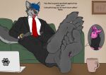  2023 5_toes anthro barefoot black_body black_bottomwear black_clothing black_fur black_nose black_pants blue_hair bolfbradster bottomwear business_suit canid canine clock clothing cody_(codythedemonicwerewolf) colored computer dialogue digital_drawing_(artwork) digital_media_(artwork) duo english_text father_(lore) father_and_child_(lore) father_and_son_(lore) feet foot_crush foot_fetish foot_focus fur furniture green_eyes grey_body grey_fur hair hi_res humanoid_feet hybrid inside laptop macro male mammal micro mug necktie on_sofa pants parent_(lore) parent_and_child_(lore) parent_and_son_(lore) pink_body pink_fur plantigrade purple_hair red_clothing red_eyes signature sitting sitting_on_sofa smellslikejavier sofa son_(lore) stuck_to_foot suit tail text toes watch were werecanid werecanine werewolf white_clothing 