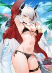  1girl :q absurdres ahoge arm_up azur_lane bikini black_choker blue_sky bow breasts choker cloud day hair_bow highres innertube jacket large_breasts long_hair looking_at_viewer navel official_alternate_costume outdoors prinz_eugen_(azur_lane) prinz_eugen_(unfading_smile)_(azur_lane) red_jacket sky solo stomach strap_pull swimsuit thigh_strap tongue tongue_out two_side_up very_long_hair white_hair yellow_eyes yukineko1018 