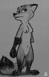  anthro breasts canid canine casual_nudity crossgender dated disney female fox genitals gloves_(marking) greyscale hi_res holding_arm leg_markings mammal markings monochrome nick_wilde nipples nude pussy signature socks_(marking) solo tangerine_(artist) whiskers zootopia 