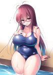  1girl absurdres ahoge bare_arms blue_hair blush breasts brown_hair c.r. cleavage collarbone commentary_request competition_swimsuit covered_navel curvy flying_sweatdrops glasses gradient_hair hair_between_eyes highres large_breasts looking_at_viewer multicolored_hair old_school_swimsuit one-piece_swimsuit open_mouth original pool poolside red_eyes school_swimsuit semi-rimless_eyewear signature solo swimsuit taut_clothes taut_swimsuit thick_thighs thighs under-rim_eyewear wet 