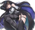  1girl black_dress black_hair black_sleeves black_thighhighs blue_hair breasts clothing_cutout collared_shirt colored_inner_hair dress fur-trimmed_sleeves fur_trim highres hololive hololive_english large_breasts low_wings lying mole mole_under_eye multicolored_hair nerissa_ravencroft o-ring o-ring_thigh_strap on_side red_eyes redundant-cat shirt shoulder_cutout smile solo thigh_strap thighhighs virtual_youtuber white_background white_shirt wings 