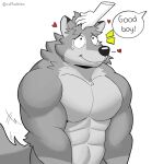  &lt;3 2023 abs ambiguous_gender anthro barazoku biceps butt canid canine canis dialogue digital_media_(artwork) disembodied_hand duo english_text fur good_boy grey_body grey_fur hi_res male male/ambiguous mammal muscular muscular_anthro muscular_male nude pecs petting ruffus_(ruffusbleu) ruffusbleu simple_background smile tail tail_motion tailwag talking_to_another text white_background wolf 