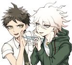  2boys :d ahoge badge breast_pocket brown_hair danganronpa_(series) danganronpa_2:_goodbye_despair food green_jacket green_necktie grey_eyes hair_between_eyes hand_up highres hinata_hajime hood hood_down hooded_jacket ika_(ikari_nagi10) jacket jewelry komaeda_nagito messy_hair multicolored_hair multiple_boys necklace necktie open_mouth pocket print_shirt shirt short_hair simple_background smile two-tone_hair upper_body white_background white_hair white_shirt 