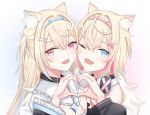  2girls animal_ear_fluff animal_ears belt_collar black_collar blonde_hair blue_eyes blue_hair blush breasts cleavage collar cropped_jacket cropped_shirt dog_ears dog_girl fuwawa_abyssgard hair_ornament hairpin headphones headphones_around_neck heart heart_hands heart_hands_duo highres hololive hololive_english kushiro147 large_breasts long_hair medium_hair mococo_abyssgard multicolored_hair multiple_girls one_eye_closed open_mouth pink_eyes pink_hair shirt siblings sisters small_breasts smile streaked_hair twins white_shirt x_hair_ornament 