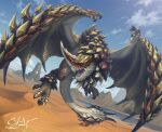  blue_eyes blue_sky claws desert dragon flying highres horns monster monster_hunter_(series) no_humans satoyuki seregios sky spikes tail wings wyvern 