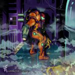  arm_cannon artist_name dust_cloud glass_shards kosmonauttihai looking_at_viewer metroid metroid_fusion railing rubble sa-x signature slime_(substance) standing varia_suit weapon 