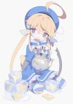  1girl ahoge bandaid bandaid_on_clothes bandaid_on_knee bandaid_on_leg bangs blonde_hair blue_bow blue_bowtie blue_dress blue_headwear blue_thighhighs bow bowtie daizu_(melon-lemon) detached_ahoge dress eyes_visible_through_hair folder full_body hair_between_eyes hair_ornament hat head_tilt highres holding holding_kettle ice ice_cube kettle long_bangs long_hair long_sleeves looking_at_viewer low_twintails melting original parted_lips puddle purple_eyes seiza sidelocks simple_background sitting solo steam striped striped_bow striped_bowtie striped_thighhighs thighhighs twintails very_long_hair water white_background wide_sleeves wing_hair_ornament 