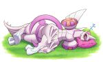  2023 absurd_res ambiguous_gender detailed english_text eyes_closed fangs feral grass happy hi_res hooves horn ice_ground legendary_pokemon long_tail lying multicolored_body multicolored_skin nintendo on_ground on_side open_mouth origin_forme_palkia outside pillow pink_body pink_skin pink_tongue plant pokemon pokemon_(species) pokemon_legends_arceus portrait red_body shadow sharp_teeth simple_background sleeping small_fangs smile solo sound_effects tail taur teeth text tongue vowelless vowelless_sound_effect white_background white_body white_skin white_wings wings zzz 