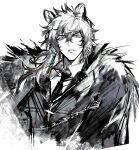  1boy animal_ears arknights black_coat black_jacket black_necktie blue_eyes coat collared_shirt highres jacket leopard_ears long_hair looking_at_viewer necktie parted_lips remsrar shirt sidelocks silverash_(arknights) simple_background solo white_background white_hair white_shirt wing_collar 