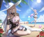  &gt;_o 2girls :d aponia_(honkai_impact) arm_support arm_up artist_name bangs beach bird black_shirt blue_eyes blue_sky blurry blurry_foreground character_print chibi cloud criss-cross_halter day depth_of_field detached_collar elysia_(honkai_impact) elysia_(miss_pink_elf)_(honkai_impact) flower halterneck hat hat_ornament hibiscus high_heels highres honkai_(series) honkai_impact_3rd horizon karame_rise lens_flare light long_bangs long_hair looking_at_viewer multiple_girls navel ocean official_alternate_costume one_eye_closed outdoors palm_leaf palm_tree parted_lips pink_hair red_flower sand shadow shirt sky smile standing standing_on_one_leg stomach sun sunlight swimsuit swimsuit_under_clothes thumbs_up tree tropical_drink white_headwear 