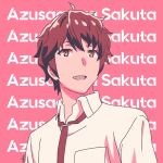  1boy ahoge azusagawa_sakuta background_text brown_eyes brown_hair male_focus nastain necktie open_mouth pink_background red_necktie seishun_buta_yarou shirt short_hair sidelocks simple_background solo white_shirt 