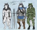  2023 anthro armor blokfort blue_eyes boots bottomwear breasts brown_eye canid canine canis clothing domestic_dog female footwear fur genitals grey_body grey_fur heterochromia husky mammal melee_weapon military_clothing military_uniform model_sheet nipples nordic_sled_dog nude pussy scarf simple_background skirt spitz sword uniform weapon white_body white_fur 