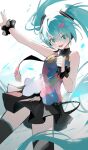  1girl black_thighhighs blue_eyes blue_hair hair_ornament hairband hairclip hatsune_miku highres holding holding_microphone jiu_ye_sang long_hair looking_at_viewer microphone music necktie open_mouth singing skirt sleeveless smile solo standing thighhighs twintails v vocaloid 