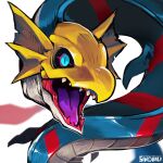 1other artist_name black_sclera blue_eyes colored_sclera digimon digimon_(creature) looking_at_viewer no_humans open_mouth sea_serpent seadramon sharp_teeth simple_background sinobali slit_pupils solo teeth watermark white_background 