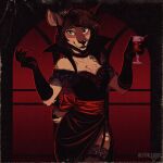  2023 absurd_res anthro armwear beverage black_clothing black_dress black_gloves black_handwear black_nose breasts brown_body brown_fur brown_hair choker claws cleavage clothed clothing container cup deer digital_drawing_(artwork) digital_media_(artwork) dress drinking_glass ear_piercing elbow_gloves eyebrows eyelashes fangs female fully_clothed fur garter_belt_leggings garter_straps glass glass_container glass_cup gloves green_eyes hair half-length_portrait handwear hi_res holding_beverage holding_glass holding_object holding_wine_glass ilex_(literaldeerirl) jewelry leggings legwear literaldeerirl looking_at_viewer mammal necklace new_world_deer open_mouth piercing portrait red_claws screentone scut_tail shaded short_tail simple_background smile solo standing tail tan_body tan_fur teeth trans_(lore) trans_woman_(lore) vampire vampire_costume white-tailed_deer wine_glass 