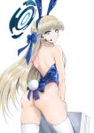  1girl absurdres animal_ears ass back backless_leotard bare_shoulders blonde_hair blue_archive blue_bow blue_eyes blue_hairband blue_leotard bow breasts closed_mouth earpiece fake_animal_ears fake_tail from_behind fujibori hairband highres leotard long_hair microphone official_alternate_costume official_alternate_hairstyle playboy_bunny rabbit_ears rabbit_tail simple_background tail thighhighs thighs toki_(blue_archive) toki_(bunny)_(blue_archive) very_long_hair white_background white_thighhighs 