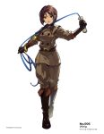  boots bracelet brown_eyes brown_gloves brown_hair character_name choker desert_eagle deyouron elbow_gloves full_body gloves gun handgun highres holding holding_whip jewelry military military_uniform short_hair the_king_of_fighters the_king_of_fighters_xv uniform weapon whip whip_(kof) 