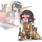  2girls black_hair board bottle braid brown_hair closed_eyes commentary_request drunk flag fundoshi gradient_hair grey_jacket hair_bun jacket japanese_clothes kantai_collection kimono kumano_maru_(kancolle) kumano_maru_kai_(kancolle) loincloth long_braid long_hair lowres military_jacket multicolored_hair multiple_girls official_alternate_costume pelvic_curtain sarashi single_braid smile sword terrajin trying weapon yamashio_maru_(kancolle) yellow_kimono yukata 