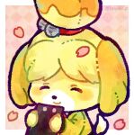  1girl animal_crossing bell border clipboard closed_eyes closed_mouth commentary dog_girl doradorakingyo furry furry_female green_sweater holding holding_clipboard isabelle_(animal_crossing) jingle_bell long_sleeves lowres petals smile solo sweater symbol-only_commentary tied_ears white_border 