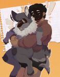  ace_(claweddrip) anthro black_hair canid carrying_another clothing deelam dragon duo fur furred_dragon hair happy hi_res human hybrid inner_ear_fluff male mammal neck_tuft smile square_crossover sweater tail tail_motion tailwag topwear tuft turtleneck 