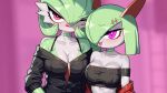  16:9 2023 black_clothing black_topwear breasts cleavage clothed clothing collarbone drunk_oak duo female gardevoir generation_3_pokemon green_hair hair hair_over_eye hi_res humanoid kirlia nintendo one_eye_closed one_eye_obstructed pink_tongue pokemon pokemon_(species) purple_eyes red_clothing red_eyes tongue tongue_out topwear widescreen 