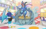  aisle ambiguous_gender animate_inanimate anthro ash-greninja book detailed_background dragon duo egg feral hexatoy hi_res inflatable living_inflatable logo looking_at_another male misscrex nintendo on_display pokeball pokemon pool_toy store toy wings 