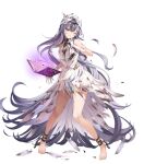  1girl bare_shoulders barefoot black_hair book breasts chain choker clenched_teeth dress feather_hair_ornament feathers fire_emblem fire_emblem_engage fire_emblem_heroes floating floating_object gloves glowing grey_hair hair_ornament highres kanda_done long_hair multicolored_hair non-web_source official_art one_eye_closed open_book parted_lips purple_eyes sleeveless small_breasts solo sweat sweatdrop teeth toes torn_clothes torn_dress torn_gloves transparent_background two-tone_hair veyle_(fire_emblem) white_dress 
