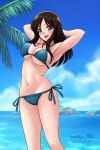  1girl armpits arms_behind_head arms_up artist_name bikini black_hair blue_bikini blue_eyes blue_sky breasts cleavage cloud cloudy_sky commentary dated day girls_und_panzer halterneck highres horizon island large_breasts long_hair looking_at_viewer matsui_yasutsugu megumi_(girls_und_panzer) navel ocean open_mouth outdoors palm_tree side-tie_bikini_bottom signature sky smile solo standing string_bikini swept_bangs swimsuit tree 