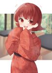  +++ 1girl :d binsen blush hands_up highres idolmaster idolmaster_million_live! japanese_clothes kimono long_sleeves nonohara_akane red_eyes red_hair red_kimono short_hair sleeves_past_fingers sleeves_past_wrists smile solo 