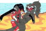  anthro anthro_on_anthro avian beach bird blitzo_(helluva_boss) blush bodily_fluids breasts claws crossgender demon duo feathers female female/female fluffy fluffy_tail fur genital_fluids genitals grey_body grey_feathers helluva_boss hi_res horn imp interspecies mature_female multicolored_body multicolored_fur nipples open_mouth open_smile owl owl_demon pussy pussy_juice red_body red_eyes romantic seaside skeleslay smile stolas_(helluva_boss) tail thick_thighs traditional_media_(artwork) two_tone_body white_body 